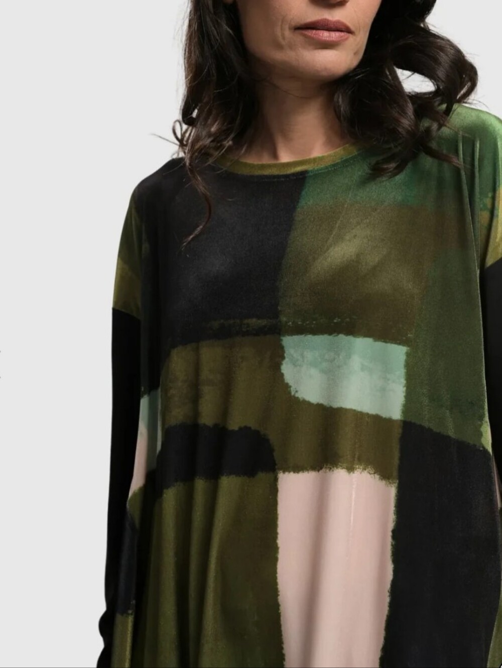 Alembika Trapeze Abstract Print Velvet Green Oversized Tunic Top Sz S(8-12) Boho - Picture 2 of 9